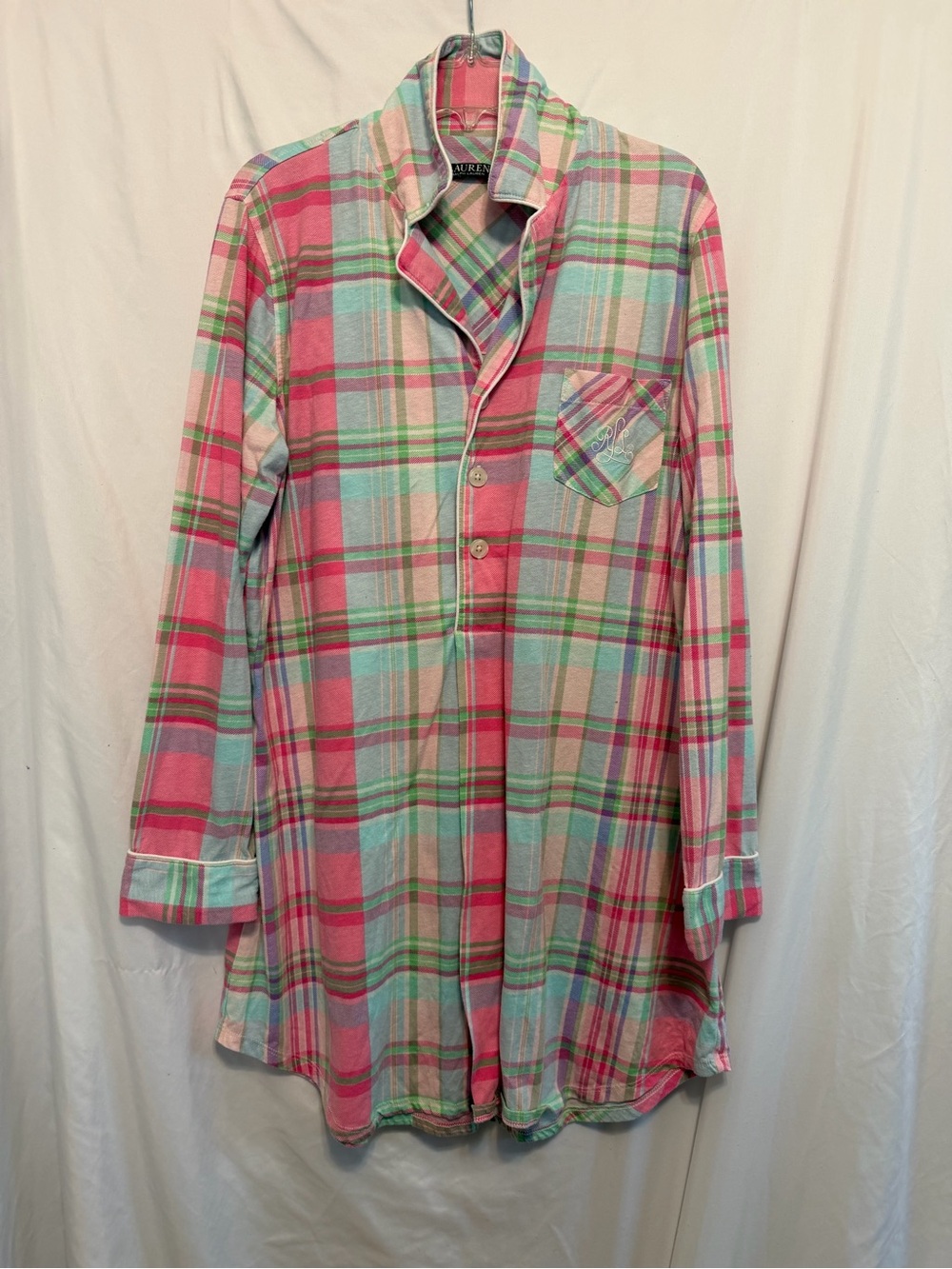 Women’s Ralph Lauren Plaid Flannel Sleep Shirt - Pink & Mint
